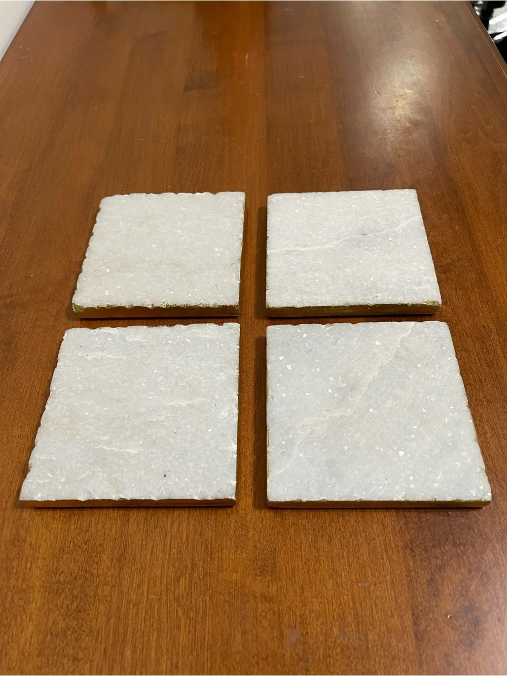 White Natural Stone Marble Sparkle Shimmery Square Coasters Gold Edges 4x4 4 Set
